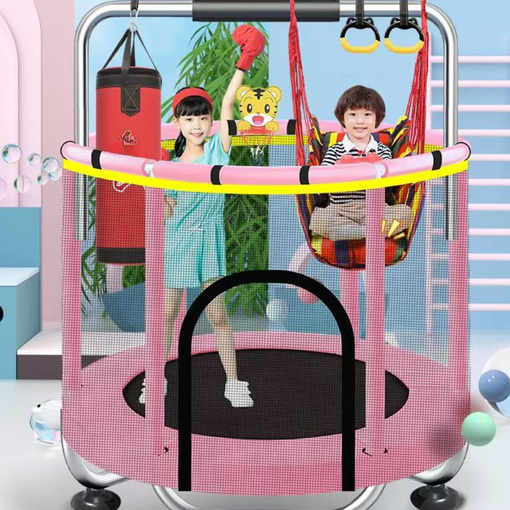 Round Trampoline Kids Play Set Basketball Hoop Swing