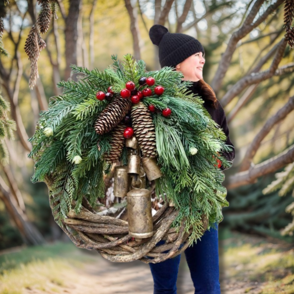 Christmas Thanksgiving Wreath Door Decor Rustic Pinecone Greenery Bells