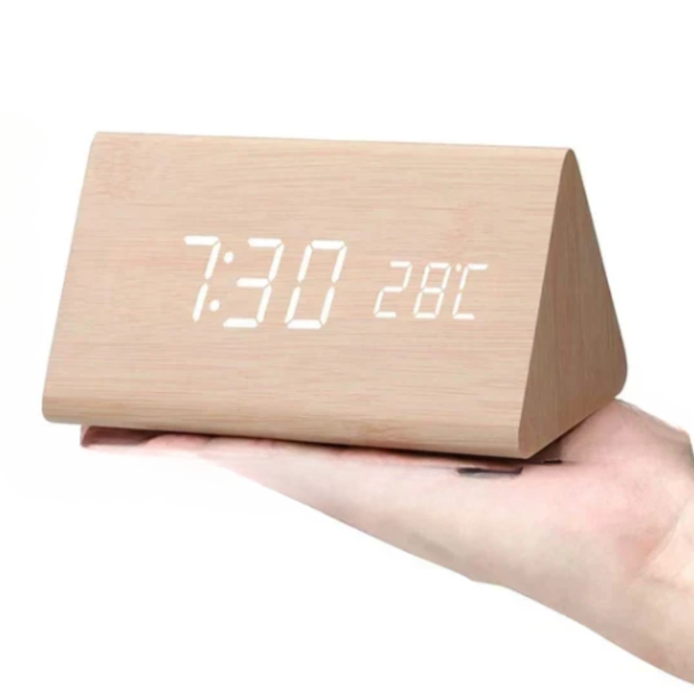 LED Alarm Clock with Wooden Digital Display
