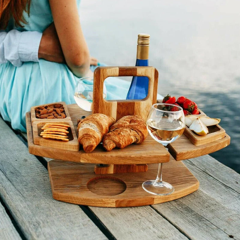Wood Picnic Wine Table with Snack Trays