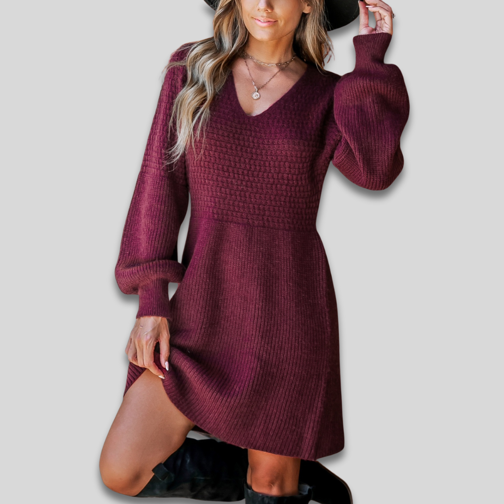 Dámské pohodlné hrubé pletené podzimní šaty - dlouhý rukáv, výstřih do V, mini