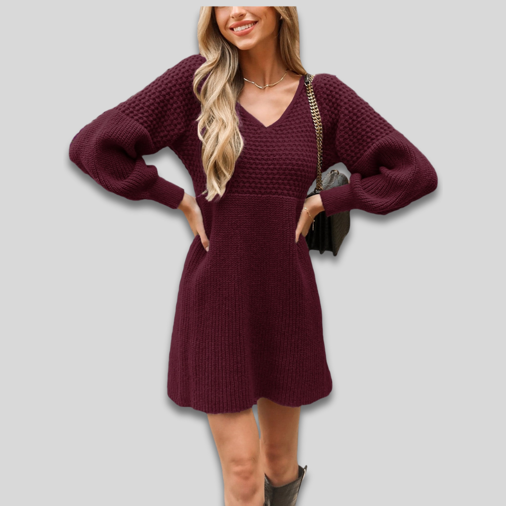 Women's Cozy Chunky Knit Fall Dress - Long Sleeve V Neck Mini