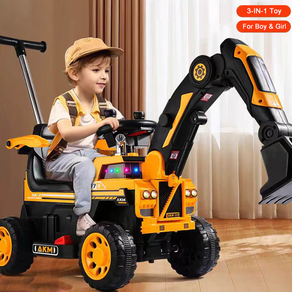 3-In-1 Toddler 6V Ride-On Push Car Kids 4WD Rechargeable Excavator with Fully Electric Digging Arm - Image 9