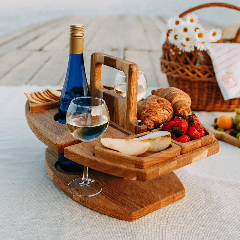 Wood Picnic Wine Table with Snack Trays