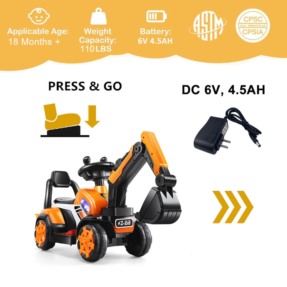 6V Electric Excavator Kids Ride-on Pedal Tractor With Power Digger & Music Sounds - Image 9