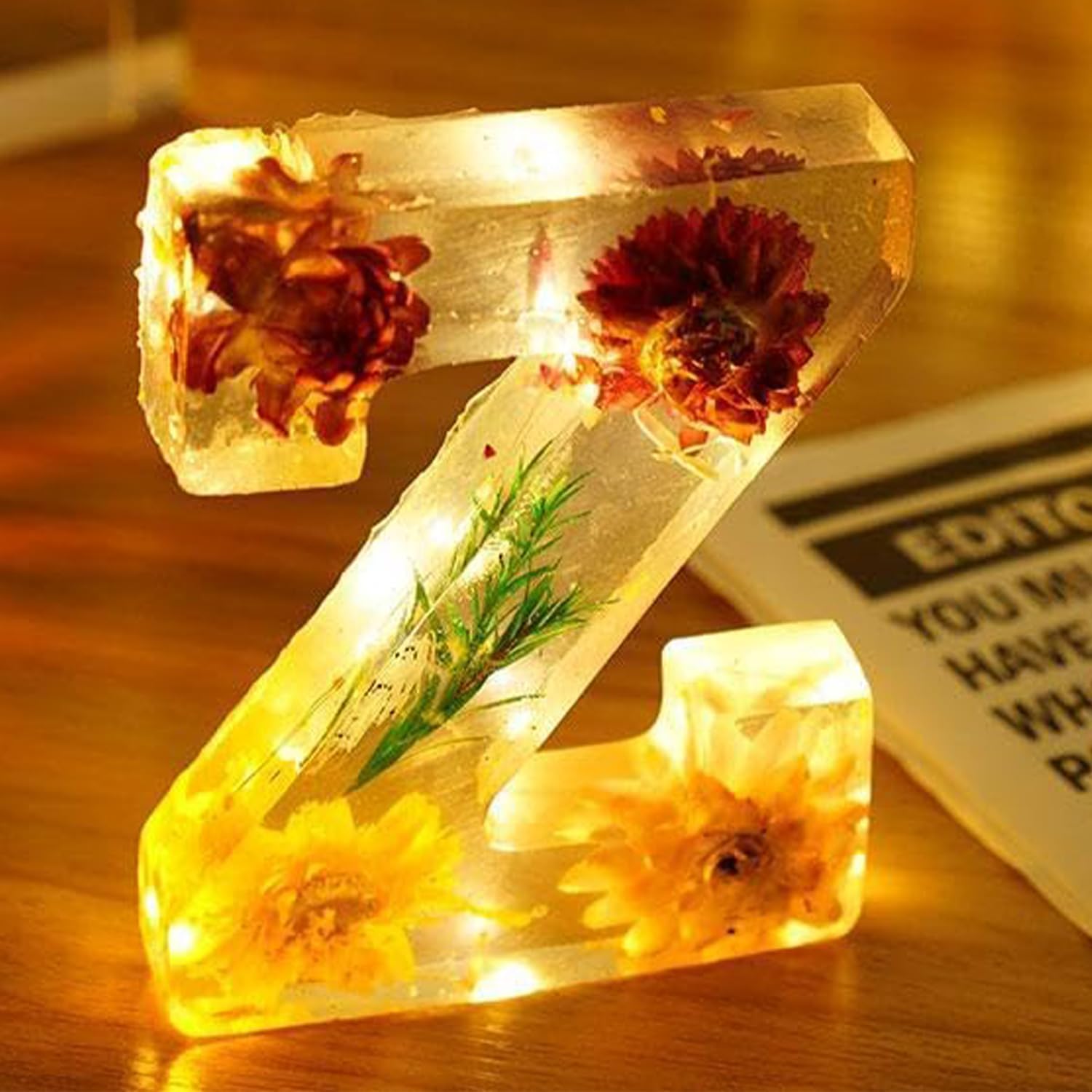 Letter Resin Lamp with Dried Flowers