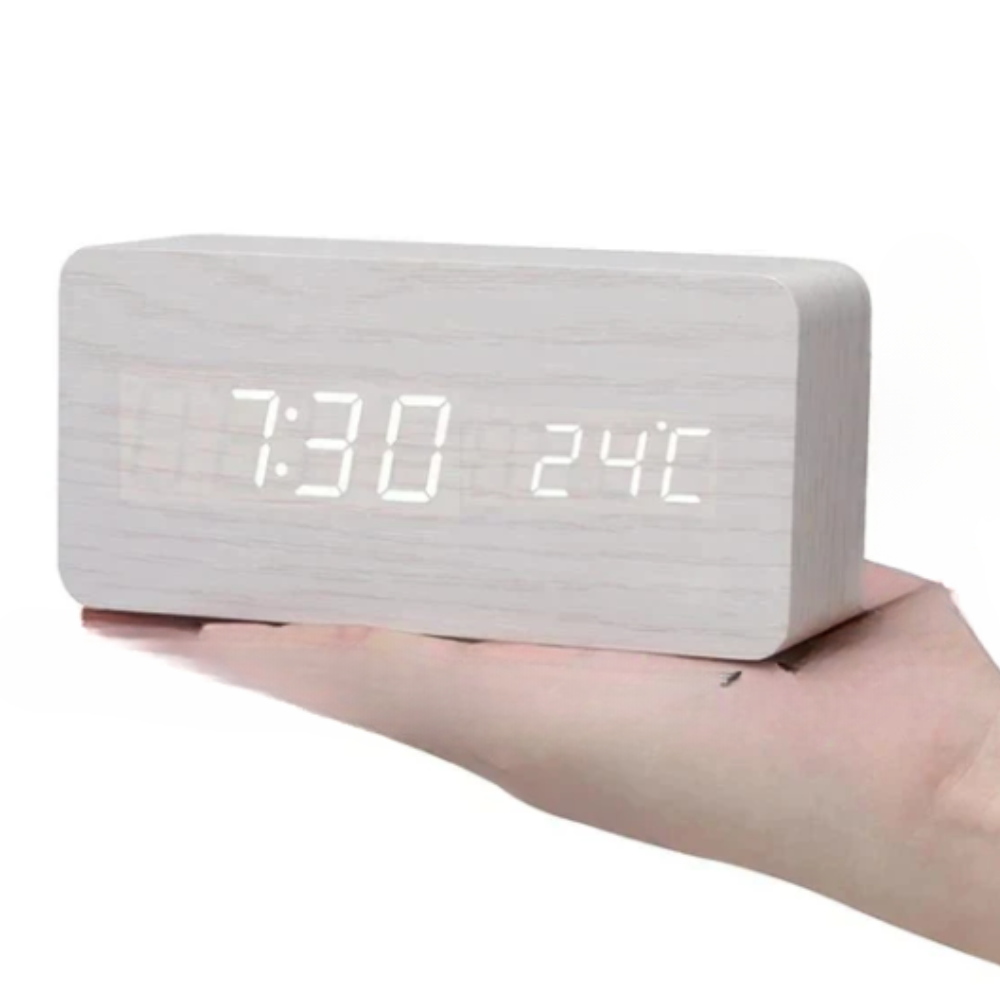 LED Alarm Clock with Wooden Digital Display