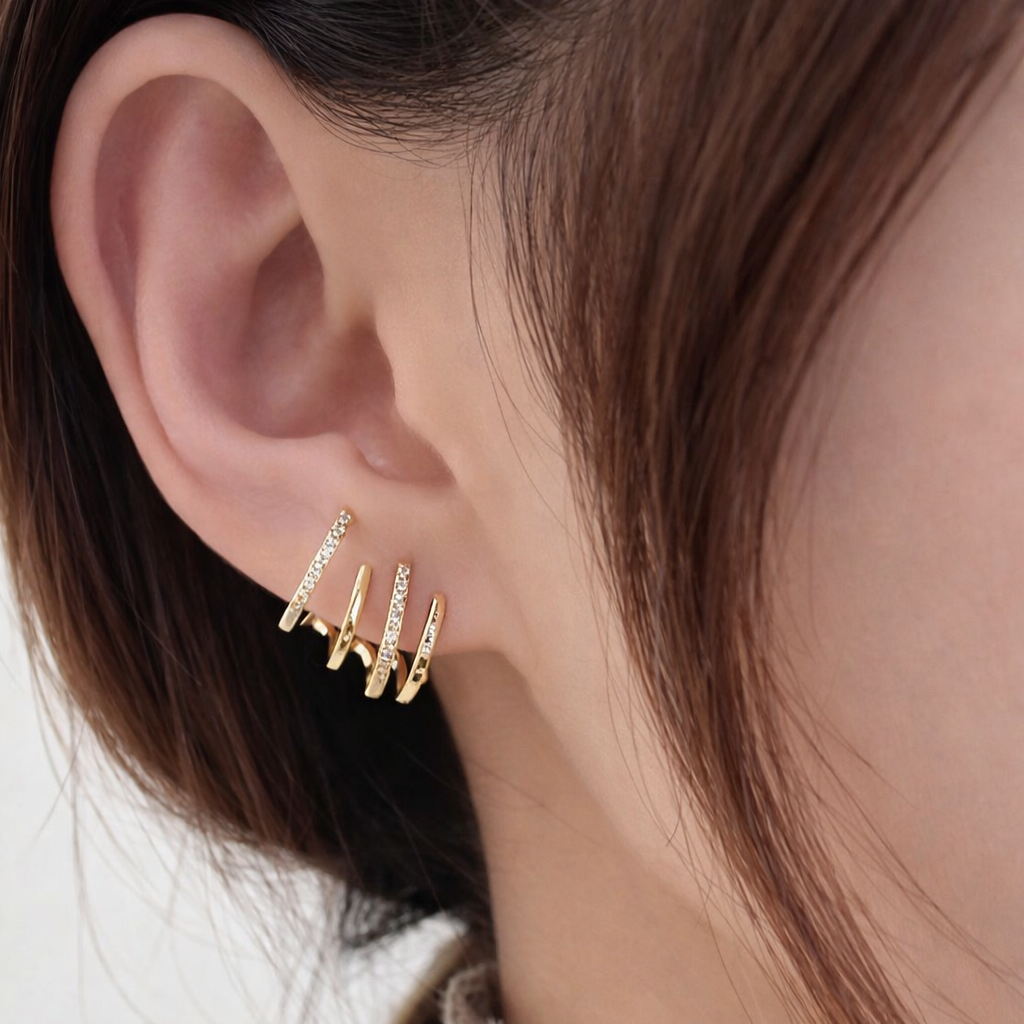 Gold Earrings Minimalist Stud Multi Bar Illusion Design