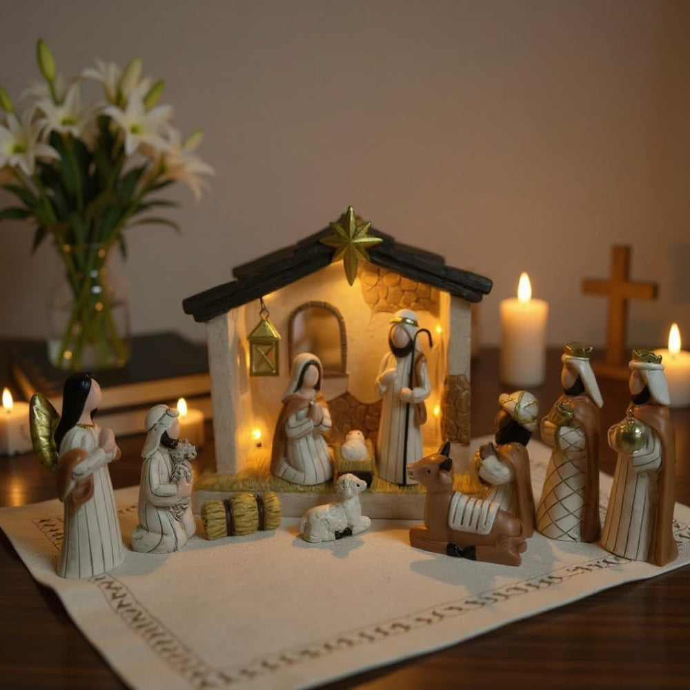 Christmas Decor Nativity Scene Rustic Lighted Tabletop Display