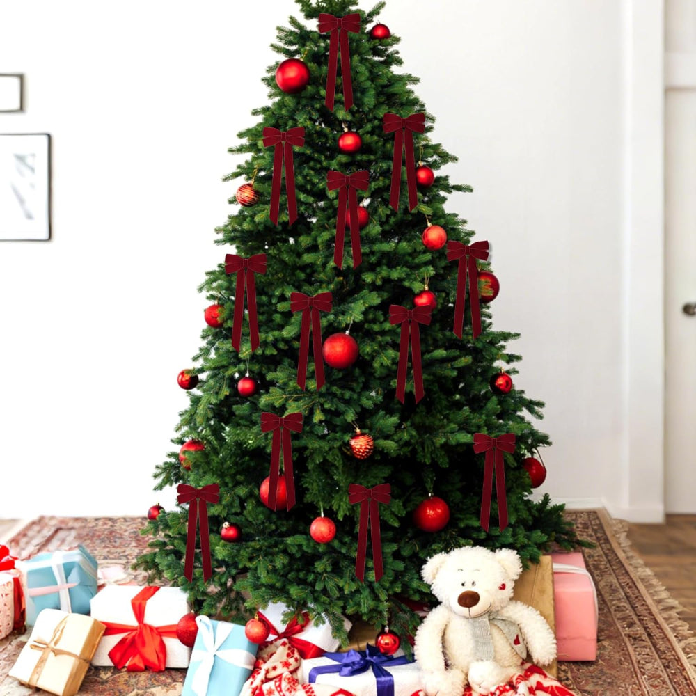 Vánoční dekorace do interiéru sametové bordó stuhy mašle ozdoby