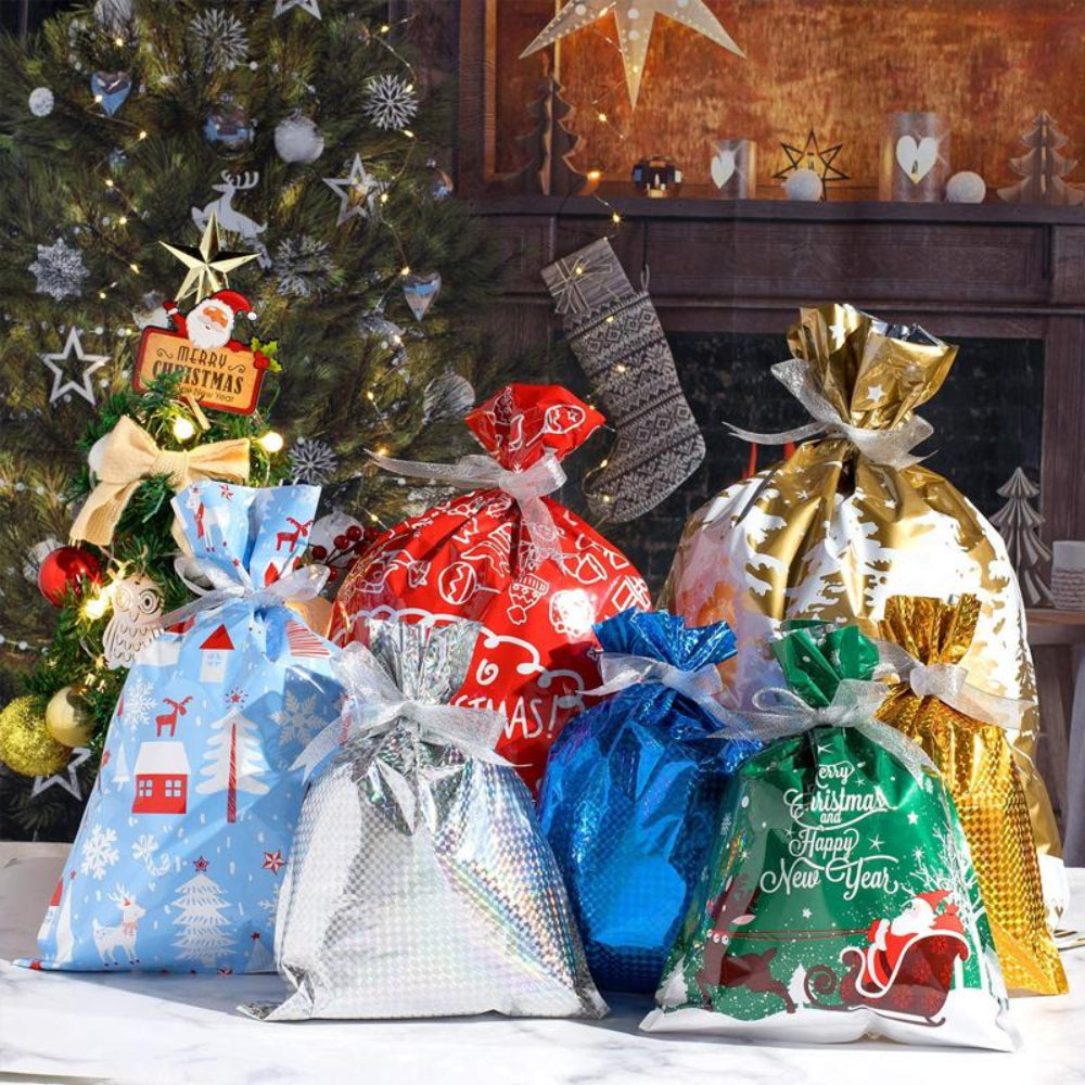 Set de bolsas de regalo de Navidad reutilizables de papel metalizado para envolver regalos festivos