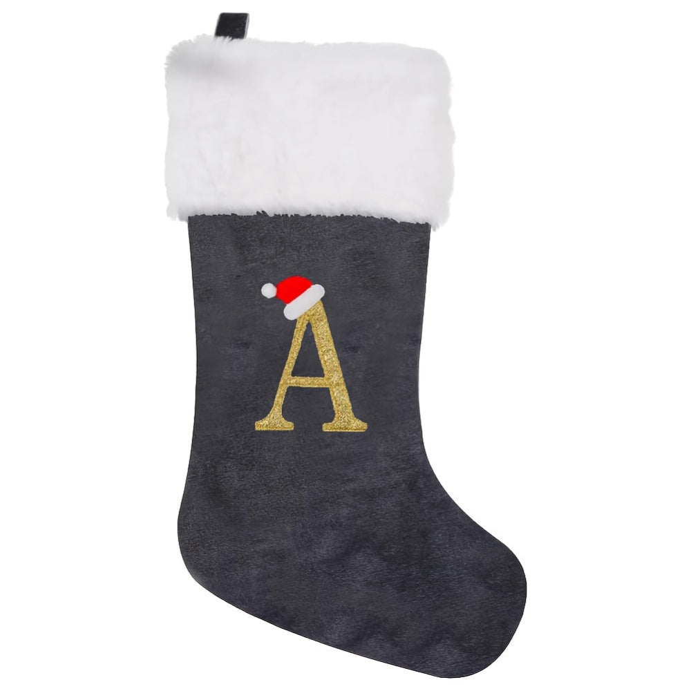 Christmas Stockings Velvet Monogram Letter Gray Holiday Decor
