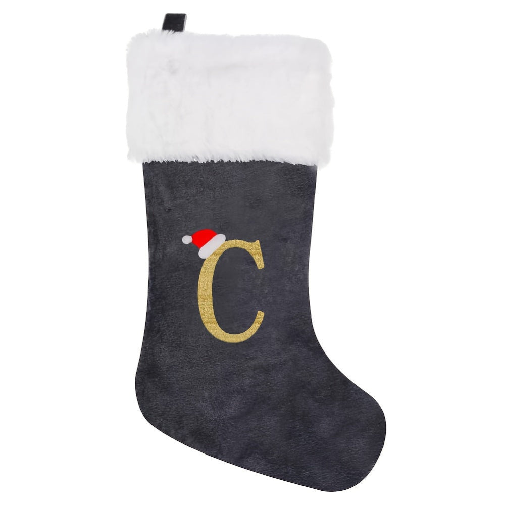 Christmas Stockings Velvet Monogram Letter Gray Holiday Decor