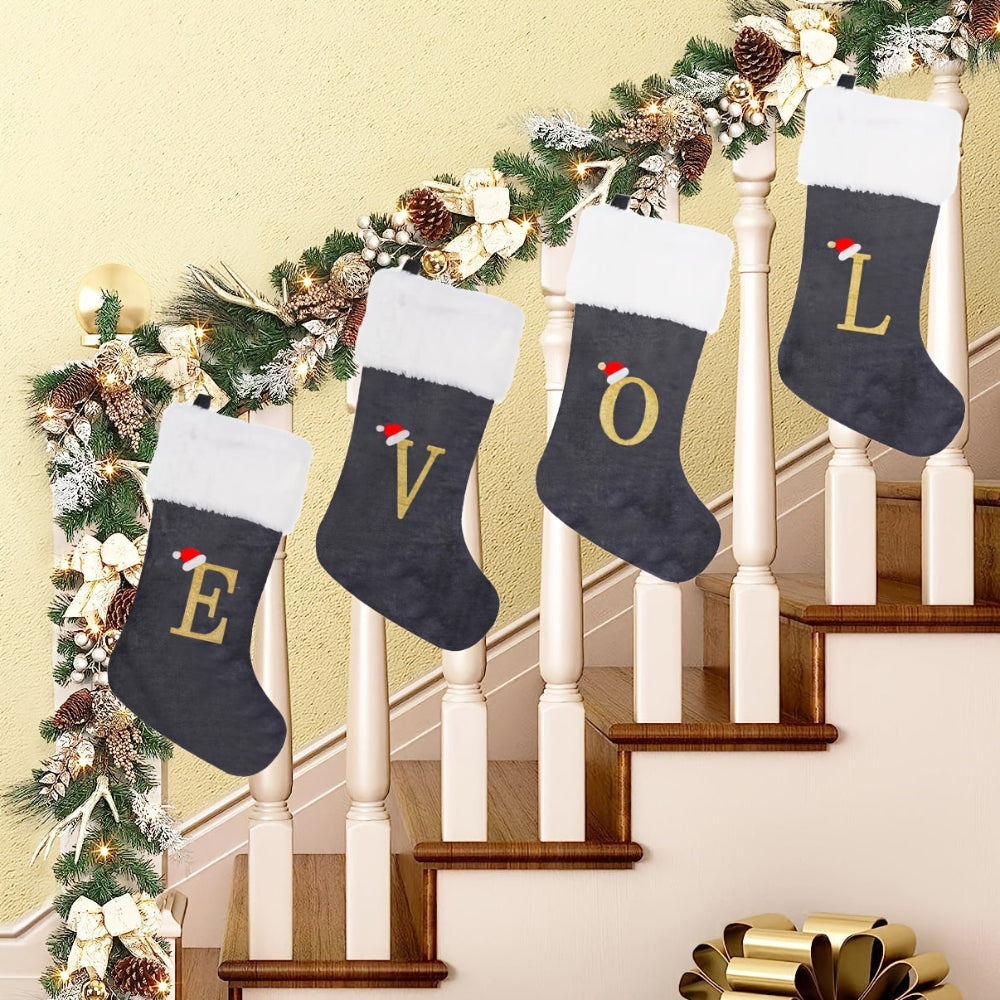 Christmas Stockings Velvet Monogram Letter Gray Holiday Decor