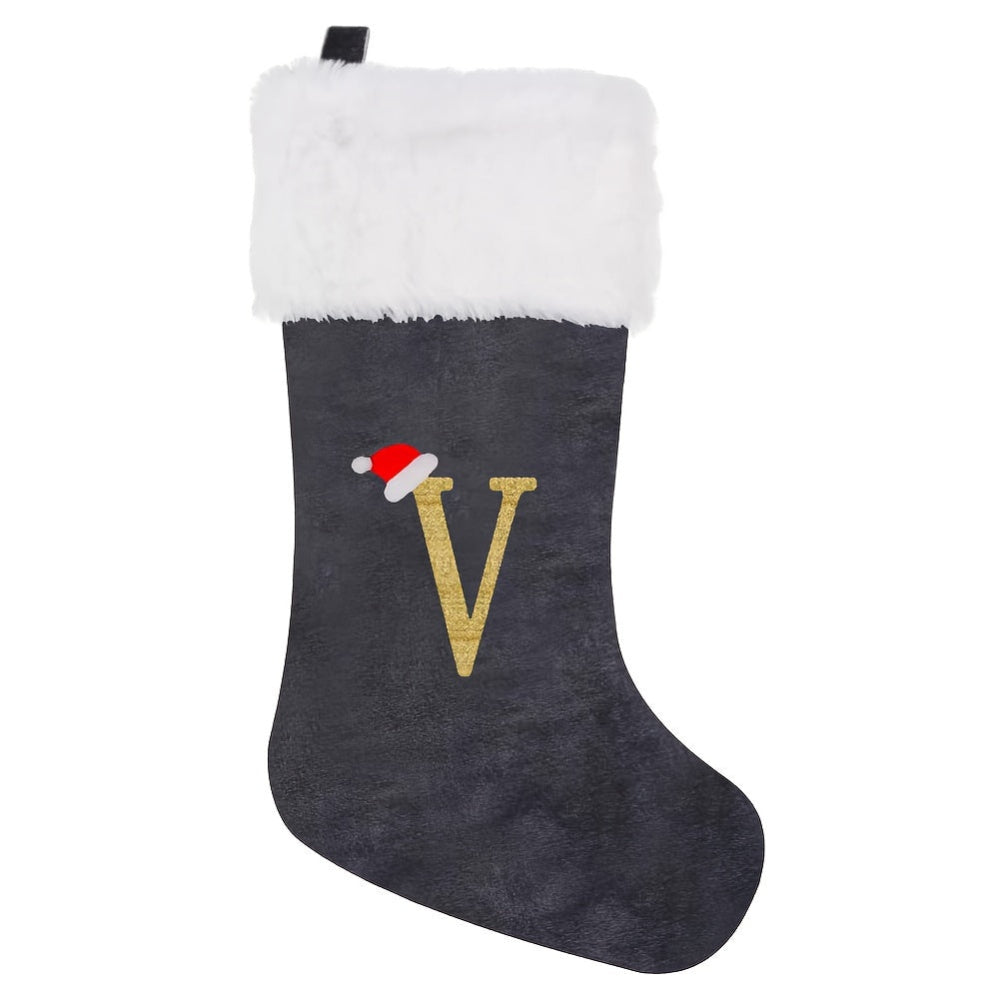 Christmas Stockings Velvet Monogram Letter Gray Holiday Decor