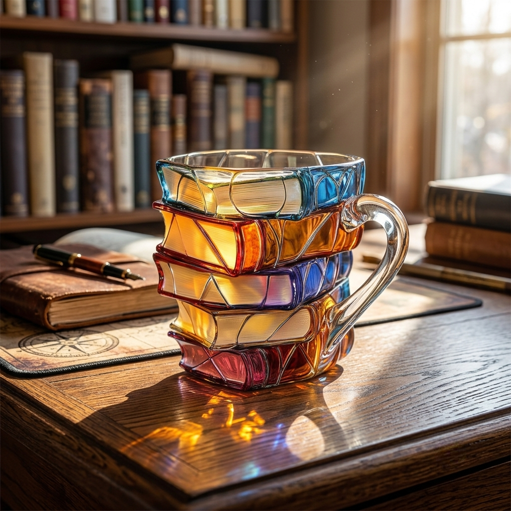 Coffee Mug Glass Book Stack Novelty Drinkware Gift