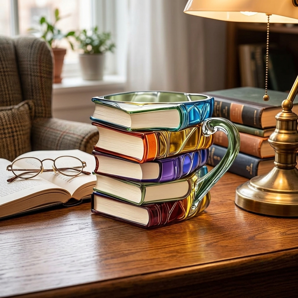 Coffee Mug Glass Book Stack Novelty Drinkware Gift