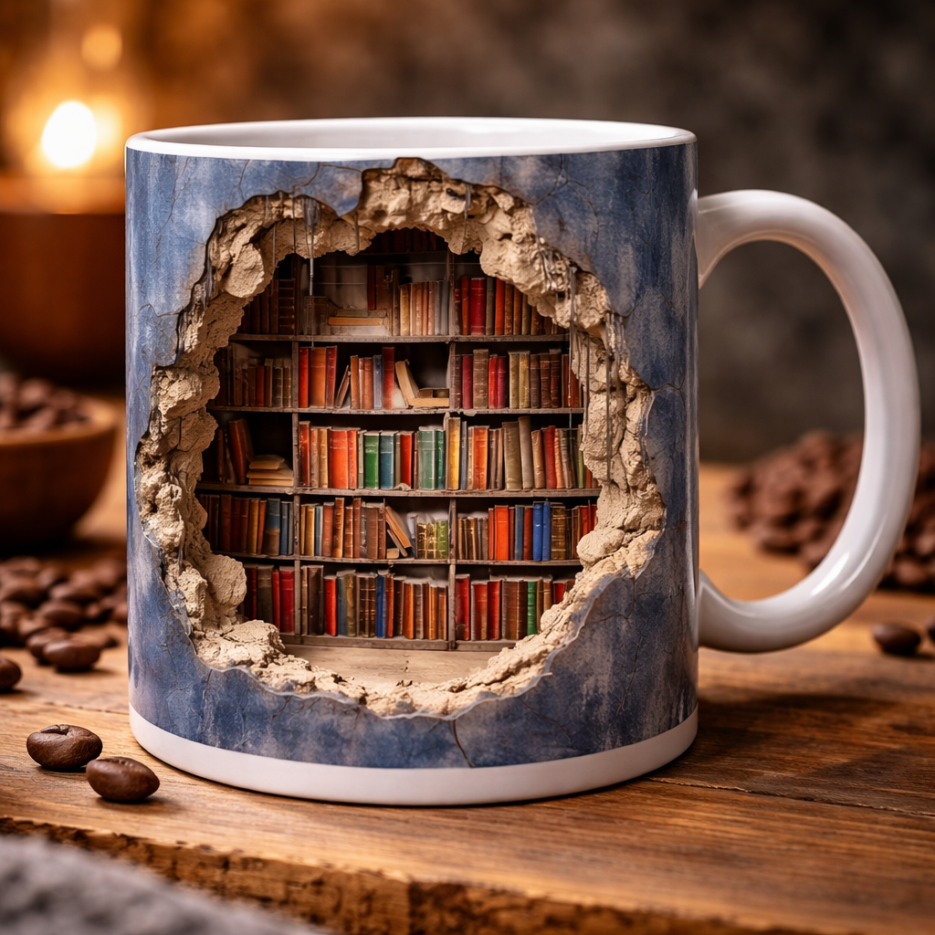 Coffee Mug 3D Bookshelf Design Reading Theme Cup