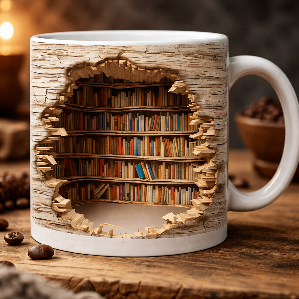 Coffee Mug 3D Bookshelf Design Reading Theme Cup