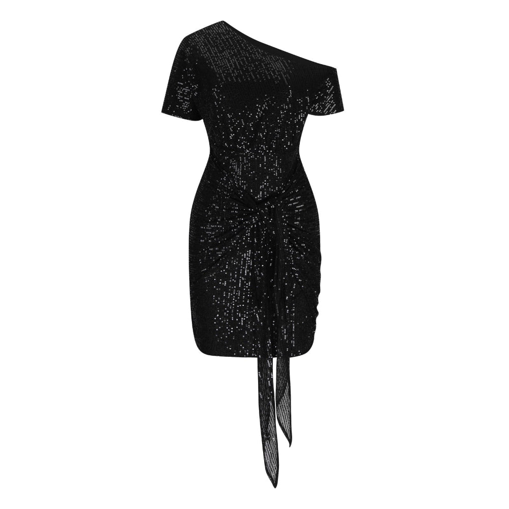 Dámské flitrové společenské šaty - elegantní mini šaty s jedním ramenem a řasením