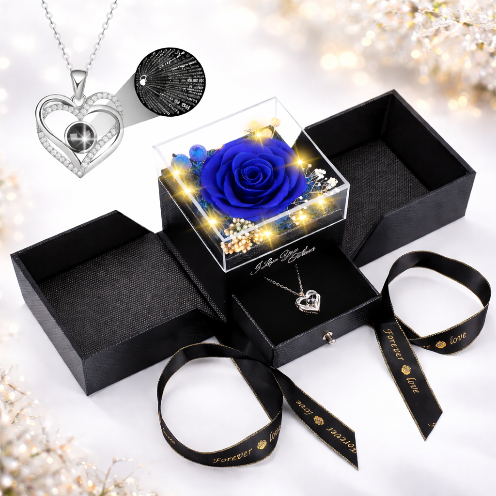 Gift Box Preserved Rose Necklace LED Display Case
