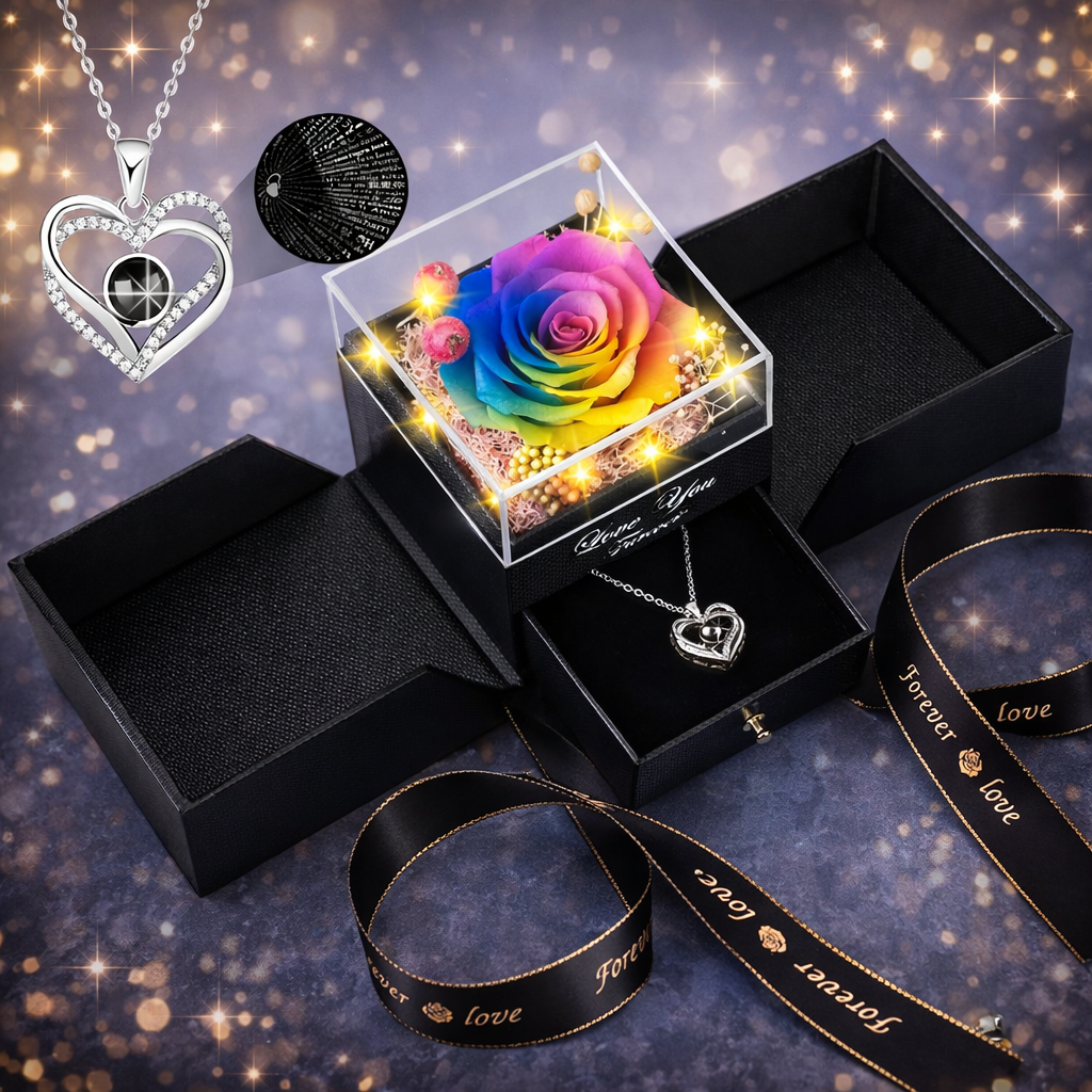 Gift Box Preserved Rose Necklace LED Display Case