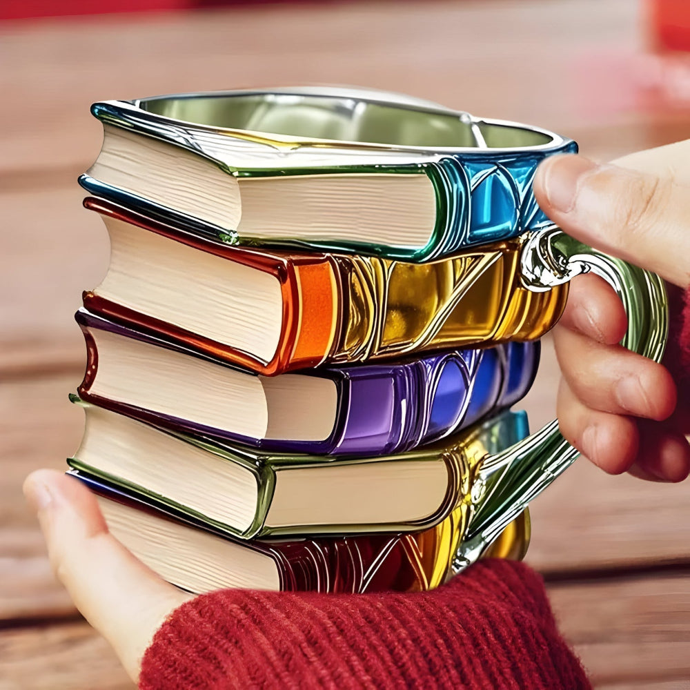 Glass Coffee Mug Colorful 3D Book Stack Design