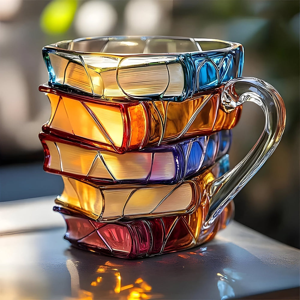 Glass Coffee Mug Colorful 3D Book Stack Design
