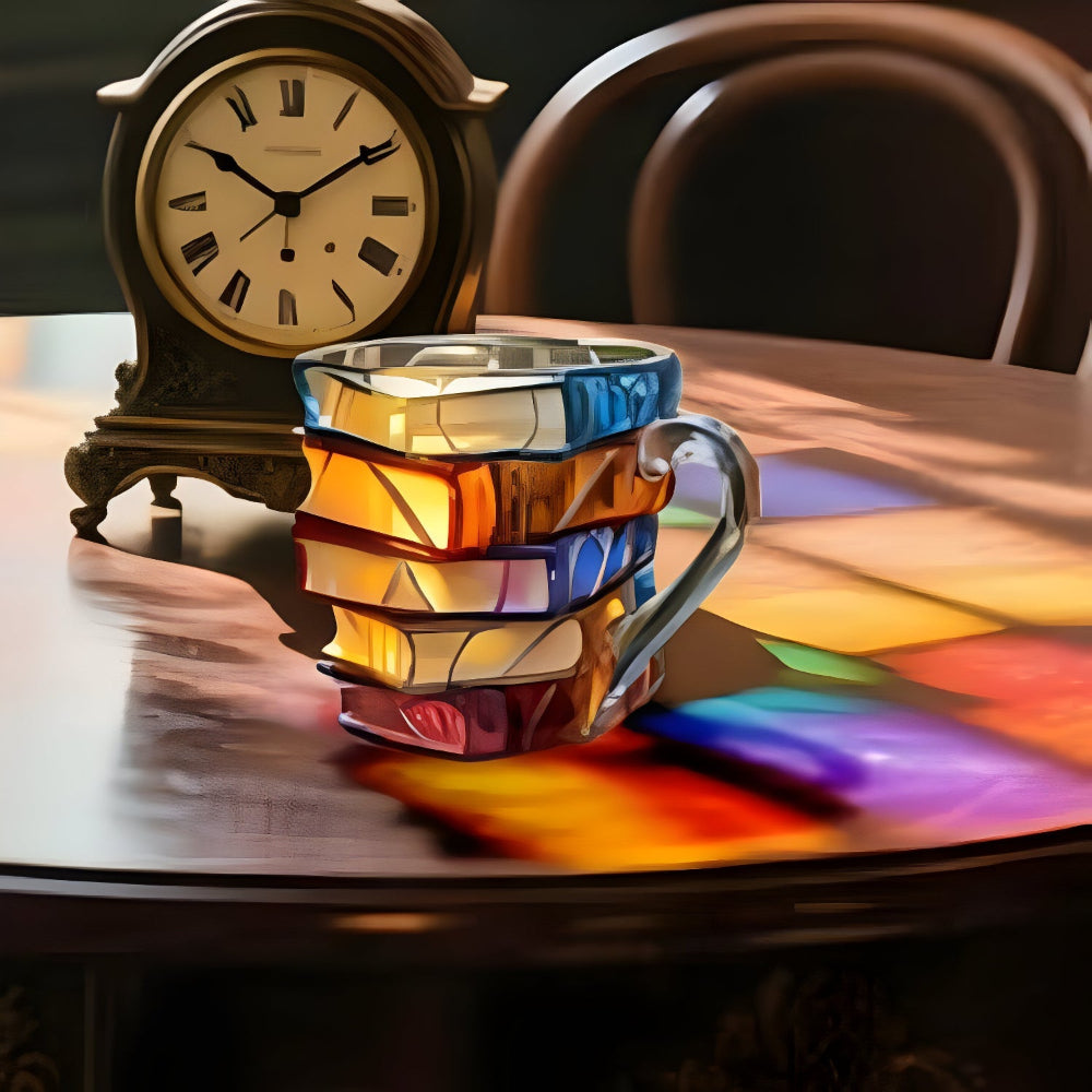 Glass Coffee Mug Colorful 3D Book Stack Design