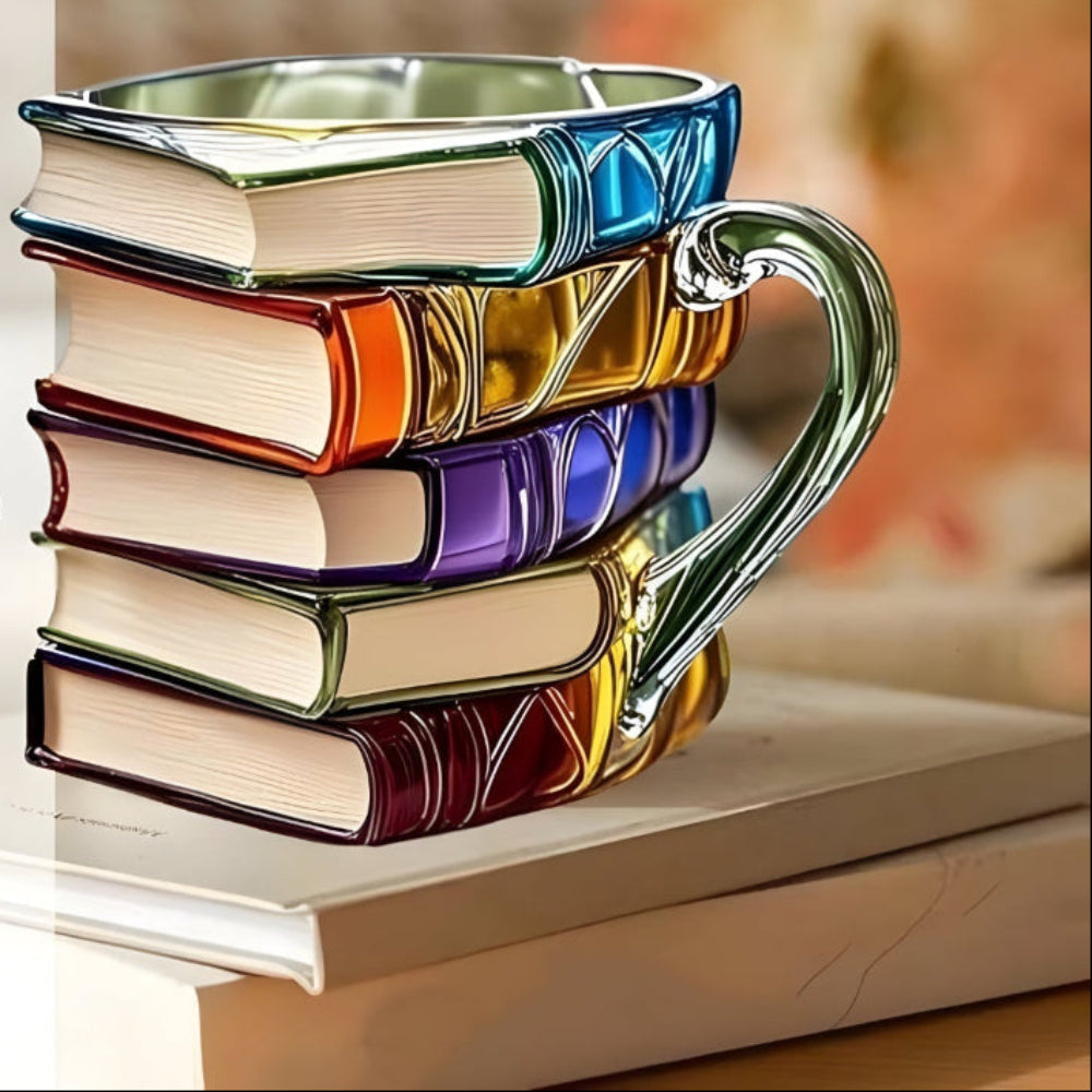 Glass Coffee Mug Colorful 3D Book Stack Design