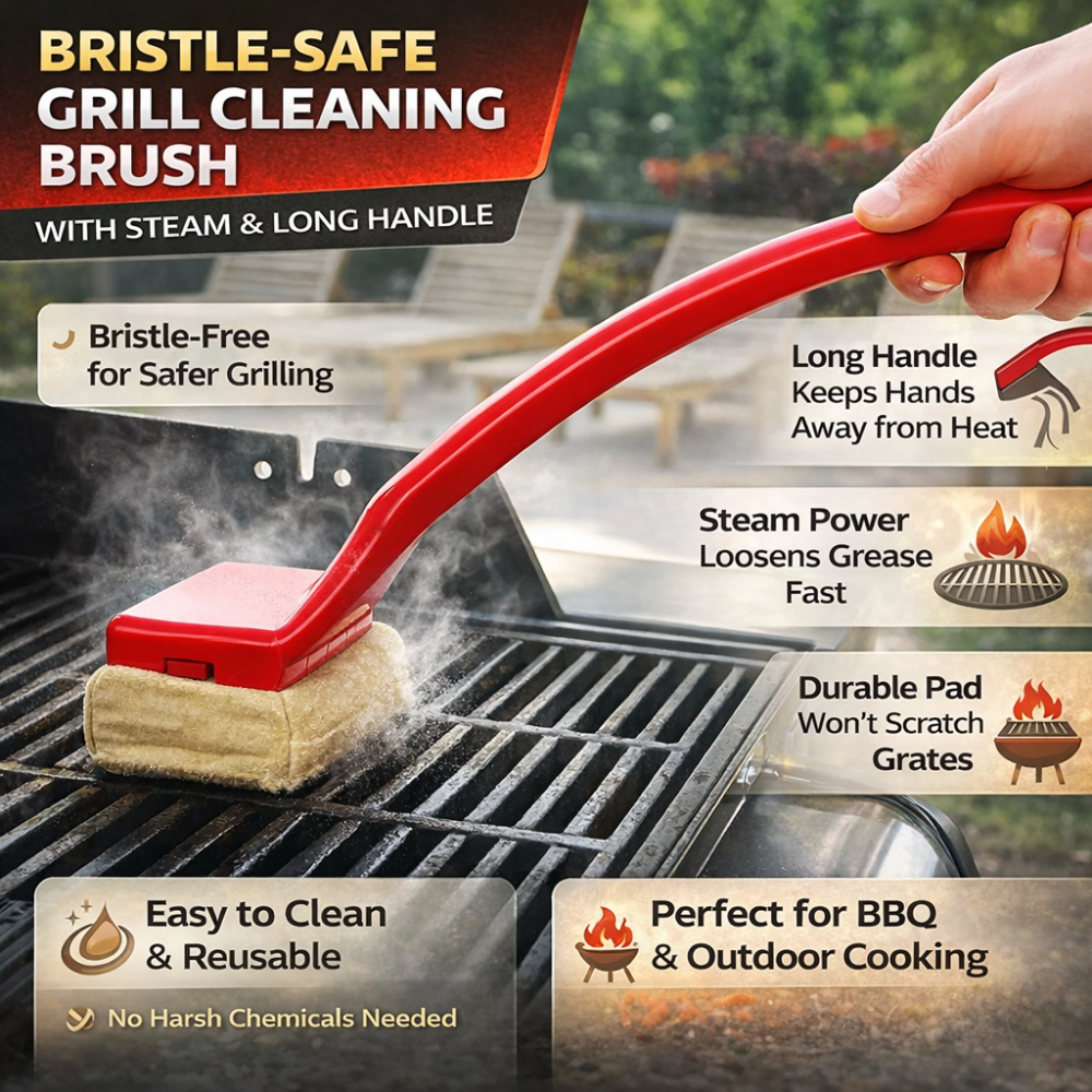 Grill Cleaning Brush Steam Scrubber With Long Handle Safety Pad