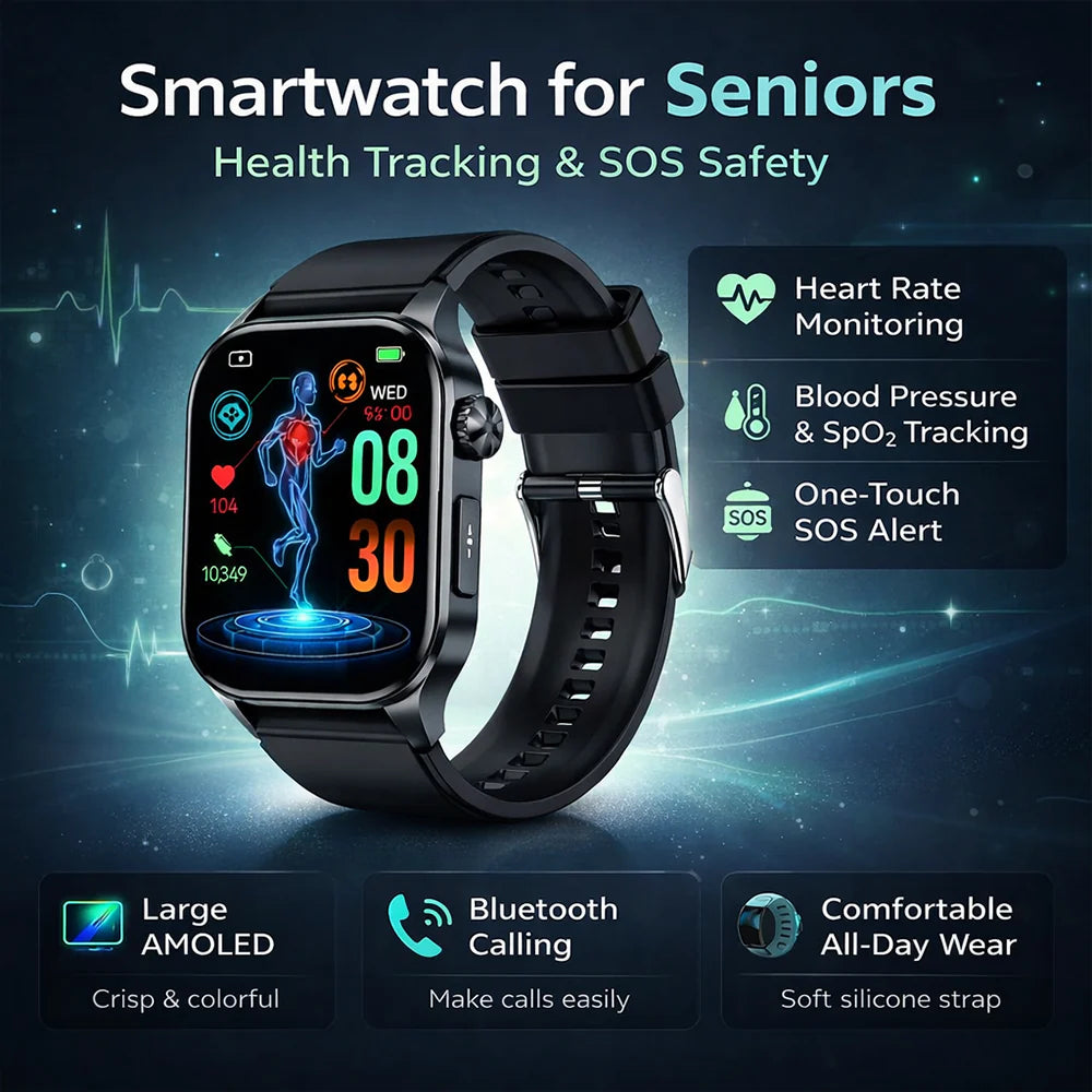 Smartwatch Health Tracker Senior Safety AMOLED Heart Rate Watch