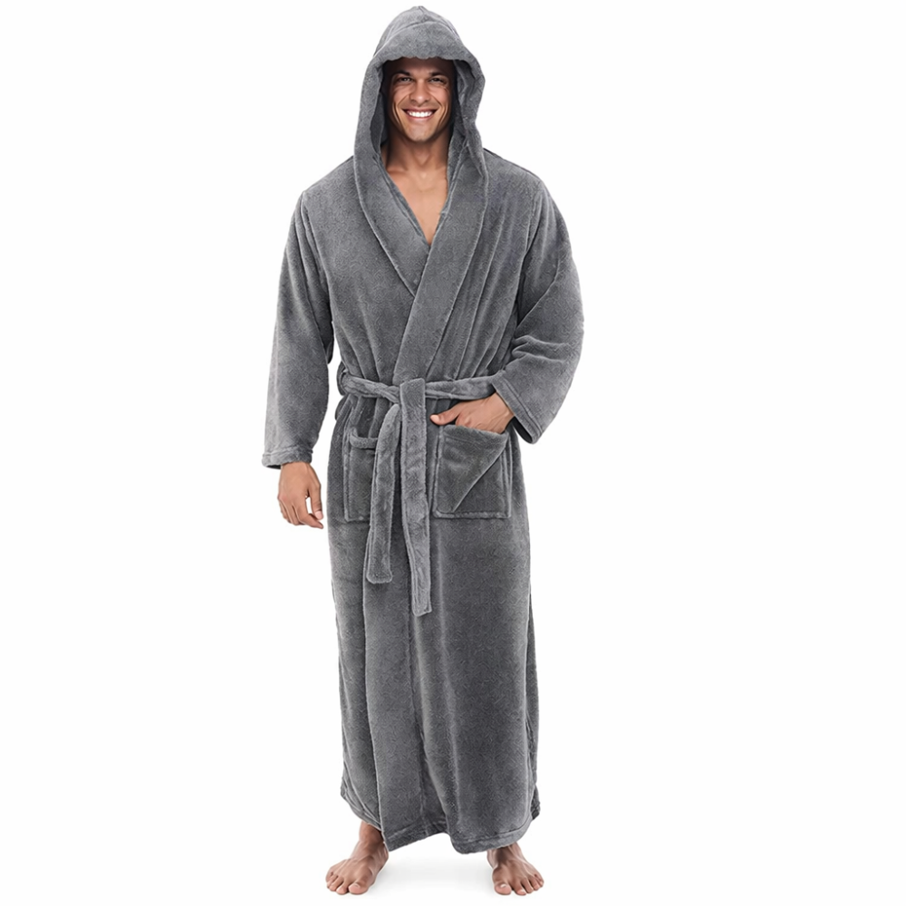 Men Bathrobe Hooded Long Lounge Robe