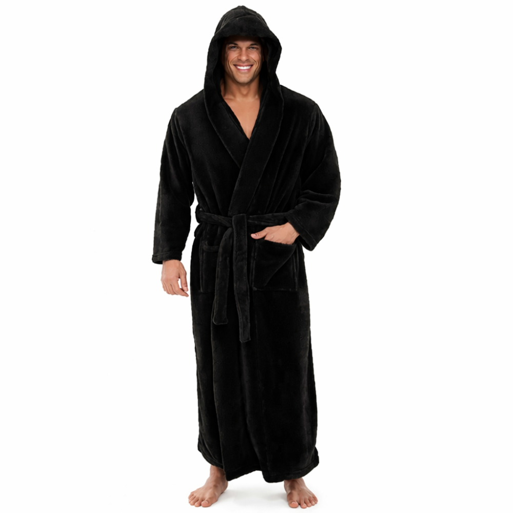 Men Bathrobe Hooded Long Lounge Robe