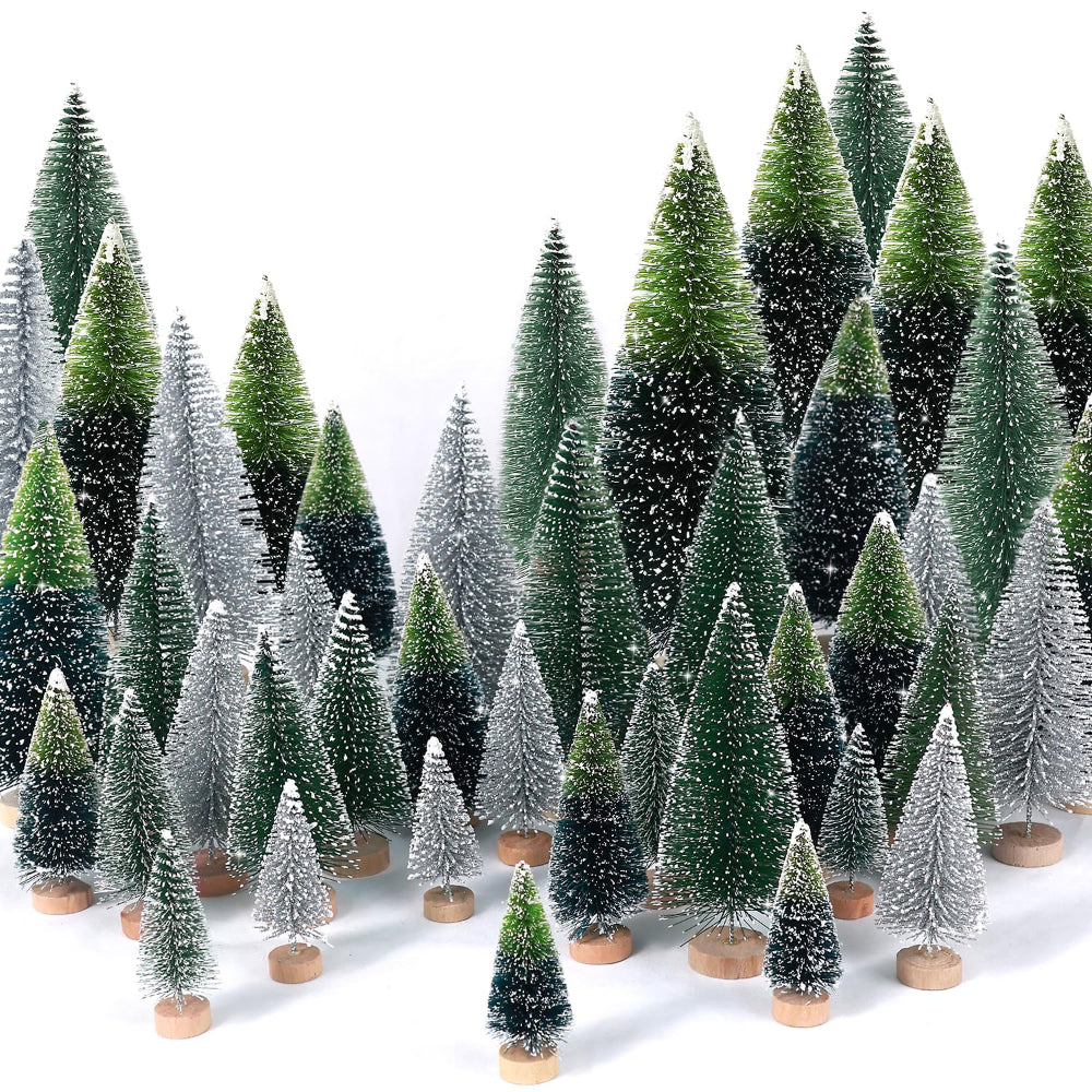 Mini Christmas Tree Snowy Bottle Brush Set Tabletop Holiday Scenes