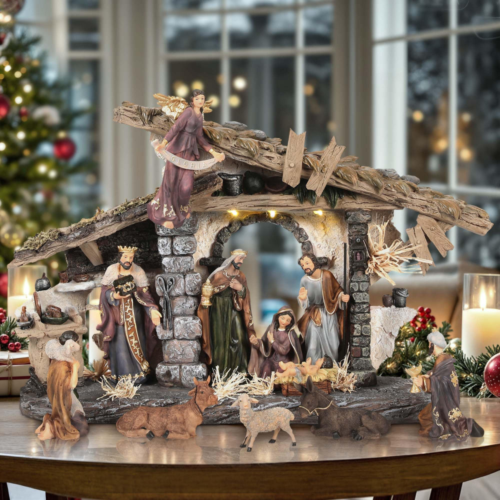 Nativity Scene Rustic Lighted Tabletop Christmas Manger Set Display