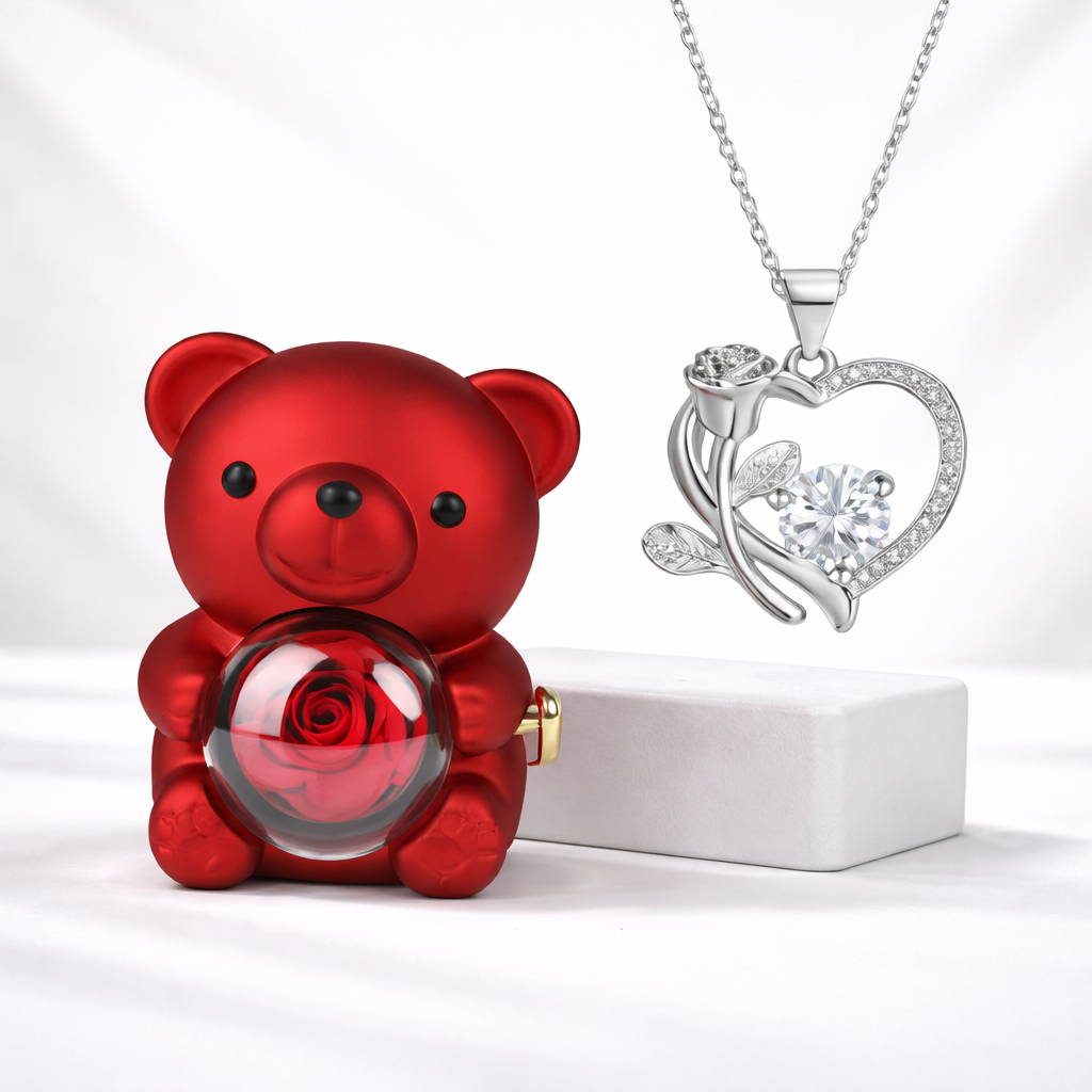 Necklace Heart Pendant Bear Gift Box