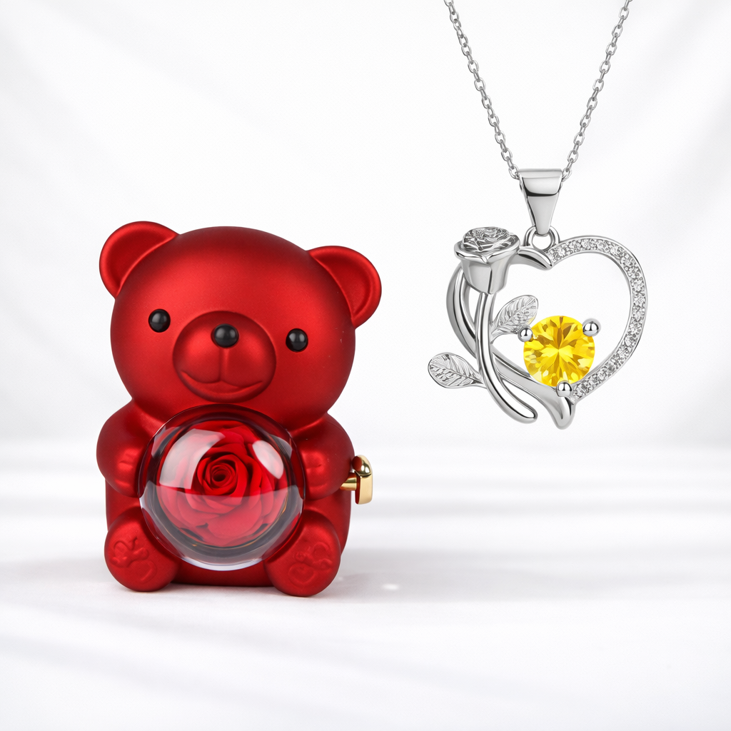 Necklace Heart Pendant Bear Gift Box