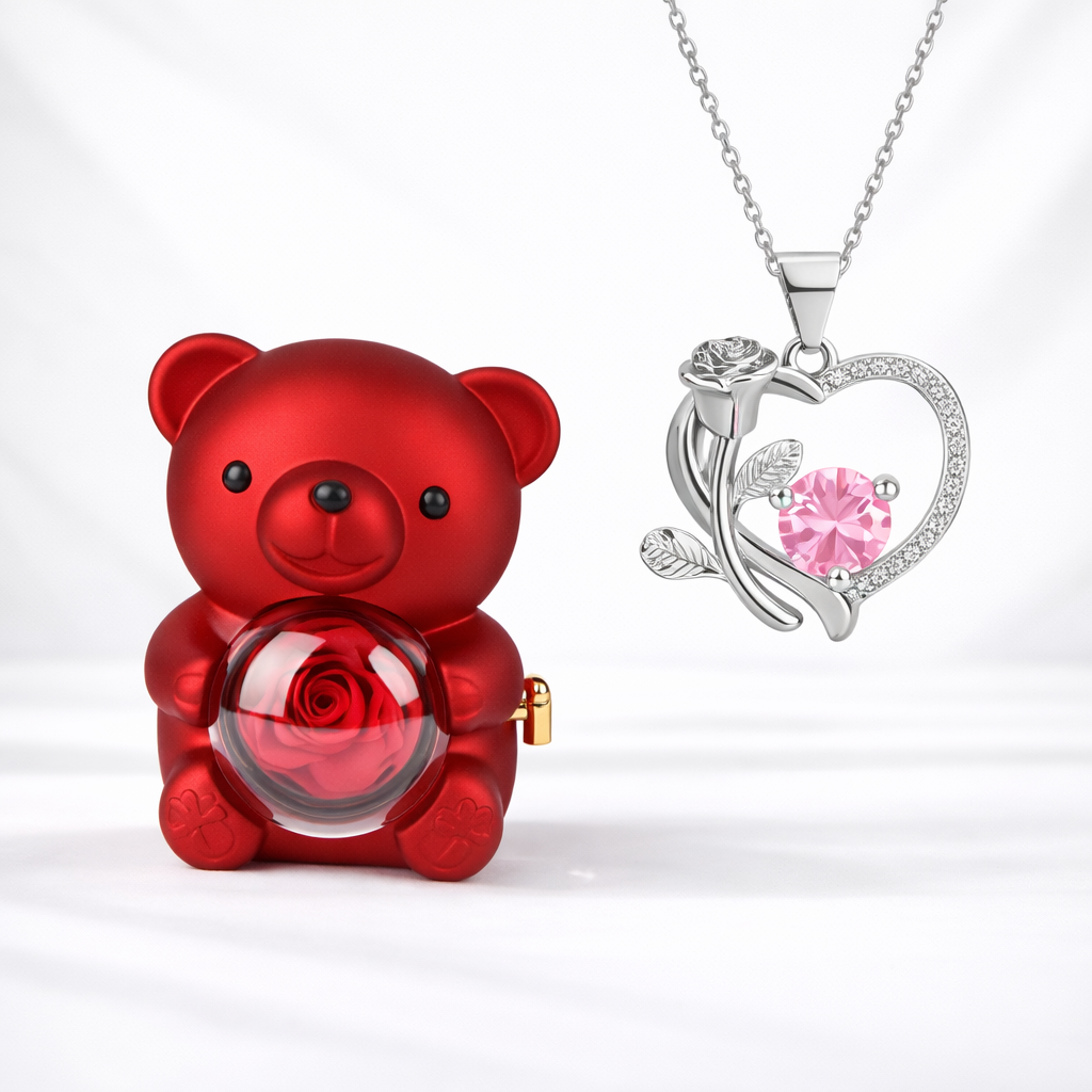 Necklace Heart Pendant Bear Gift Box