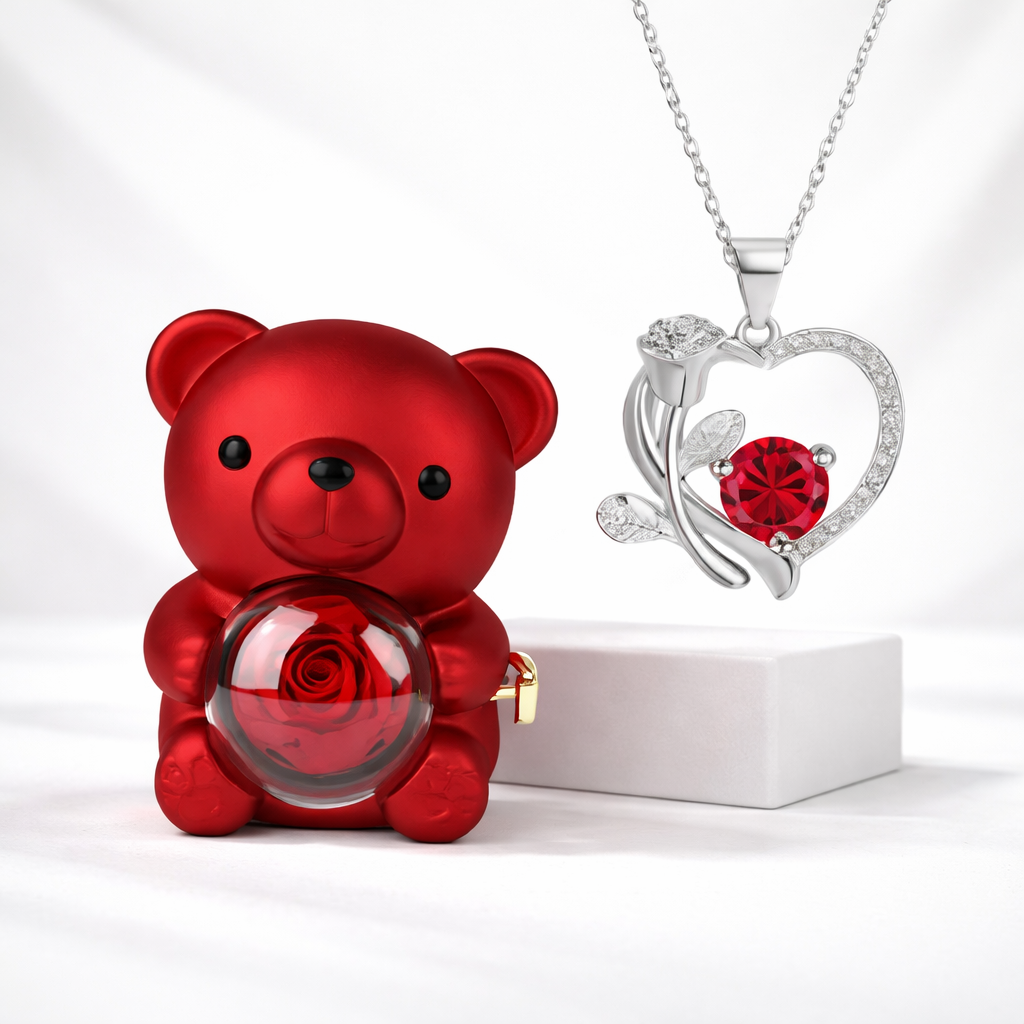 Necklace Heart Pendant Bear Gift Box