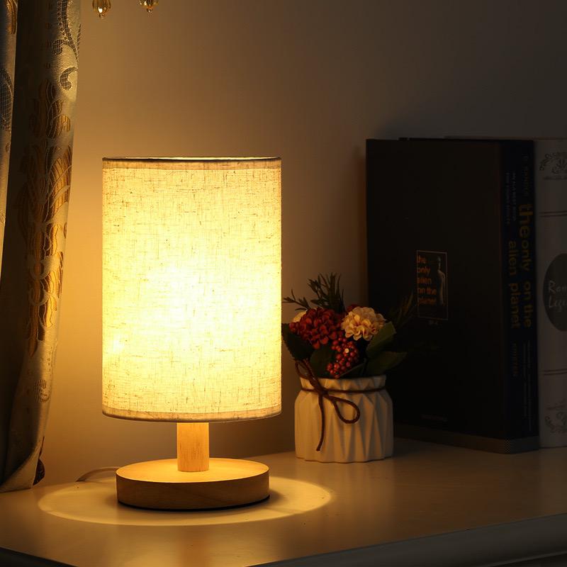 Table Lamp Natural Wood Fabric Dimmable Light
