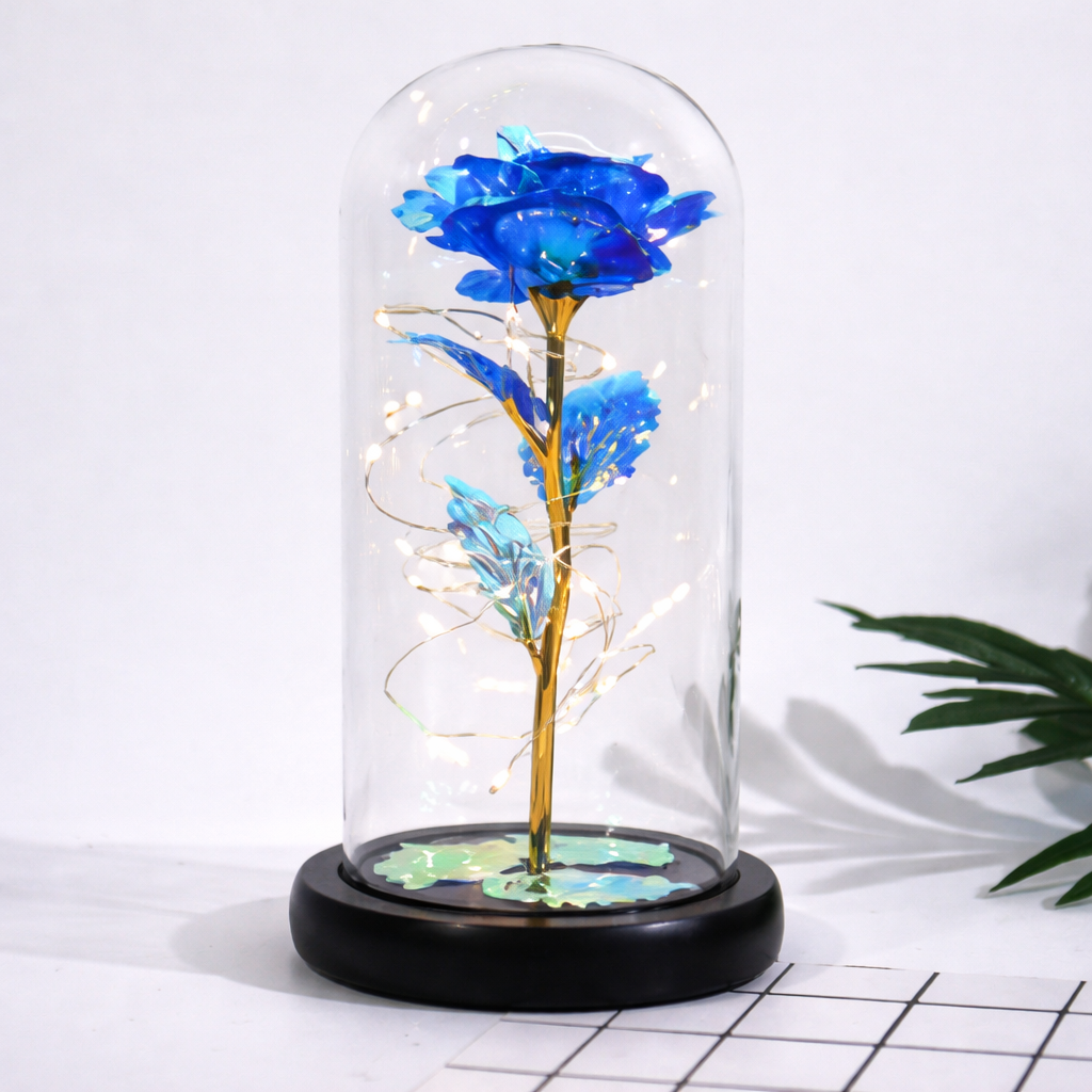 Rose Glass Dome Preserved Flower Decorative LED Display