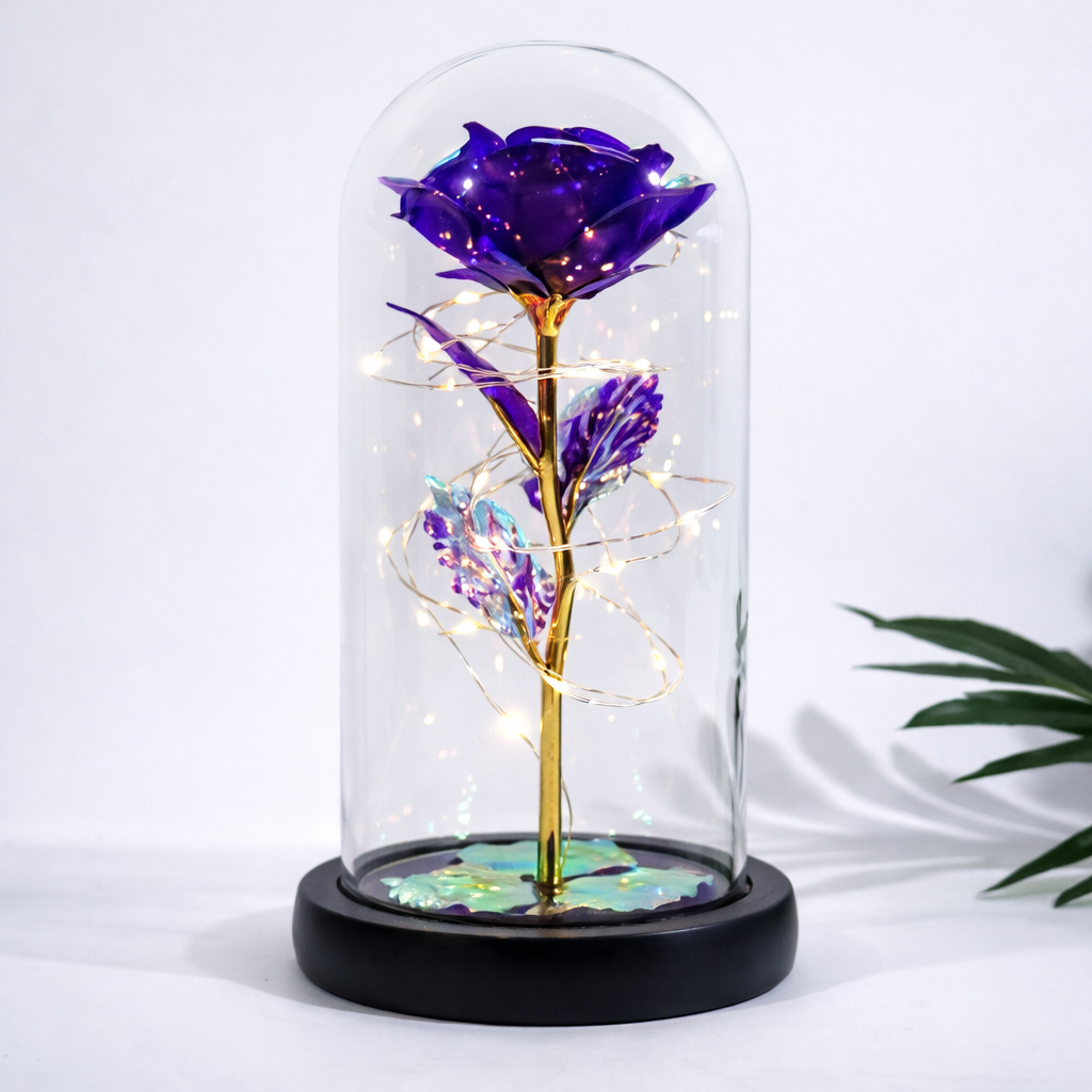 Rose Glass Dome Preserved Flower Decorative LED Display
