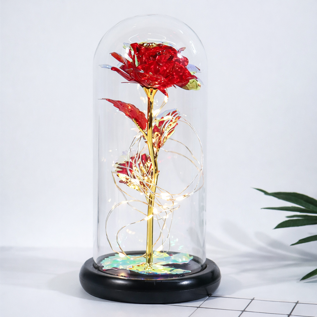 Rose Glass Dome Preserved Flower Decorative LED Display