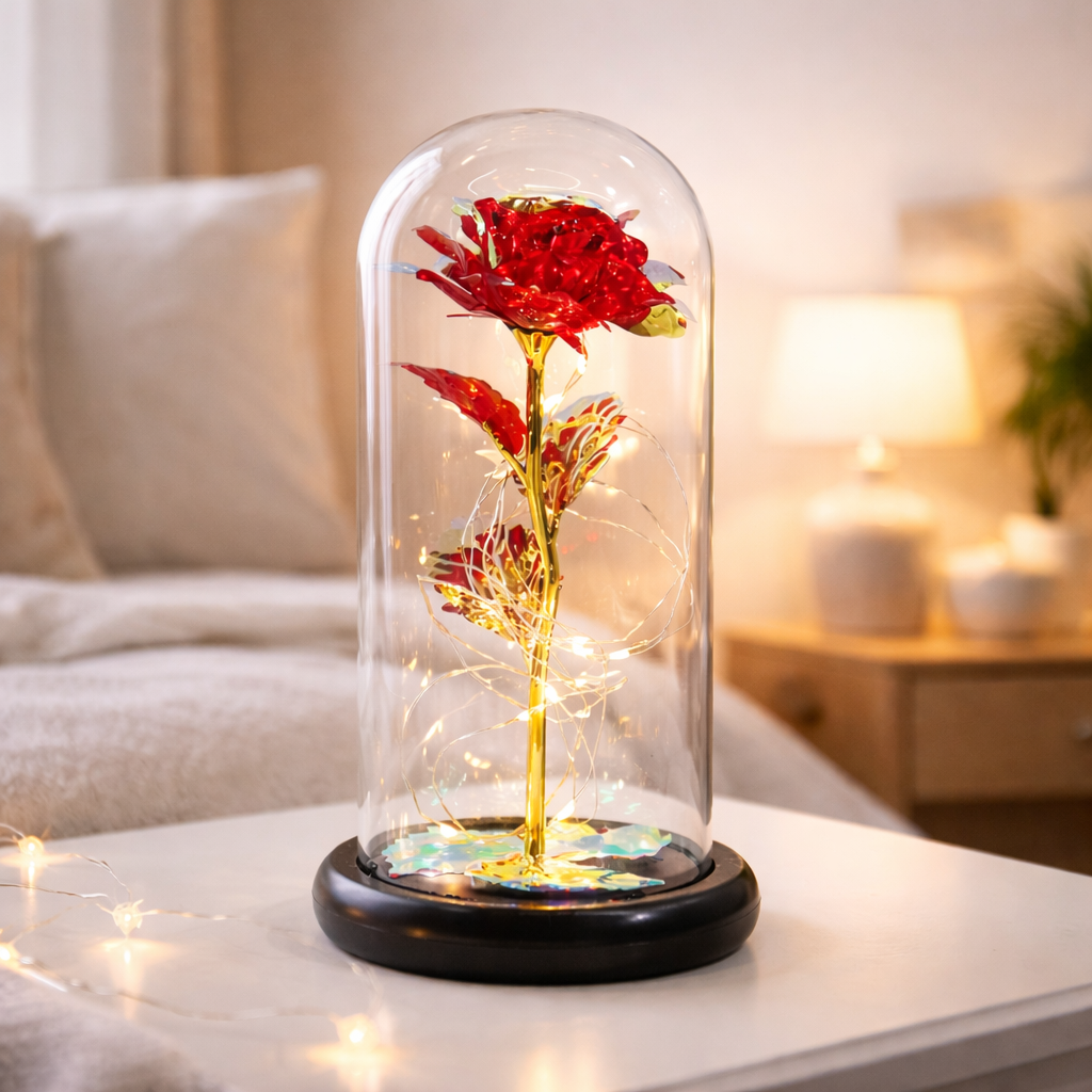 Rose Glass Dome Preserved Flower Decorative LED Display