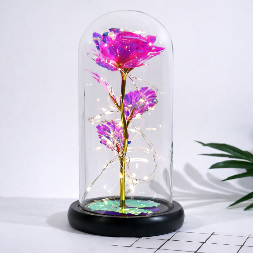 Rose Glass Dome Preserved Flower Decorative LED Display