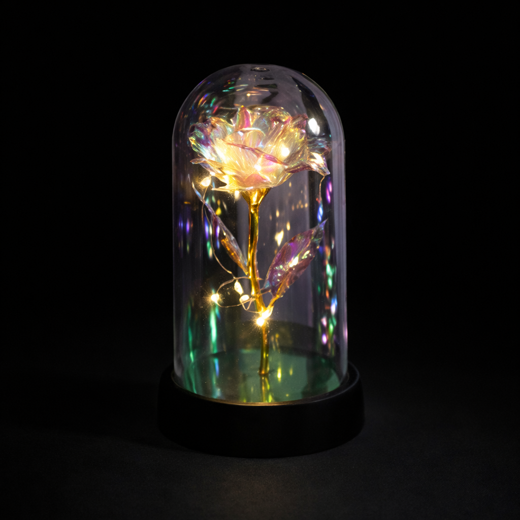 Rose Glass Dome Preserved Flower Decorative LED Display