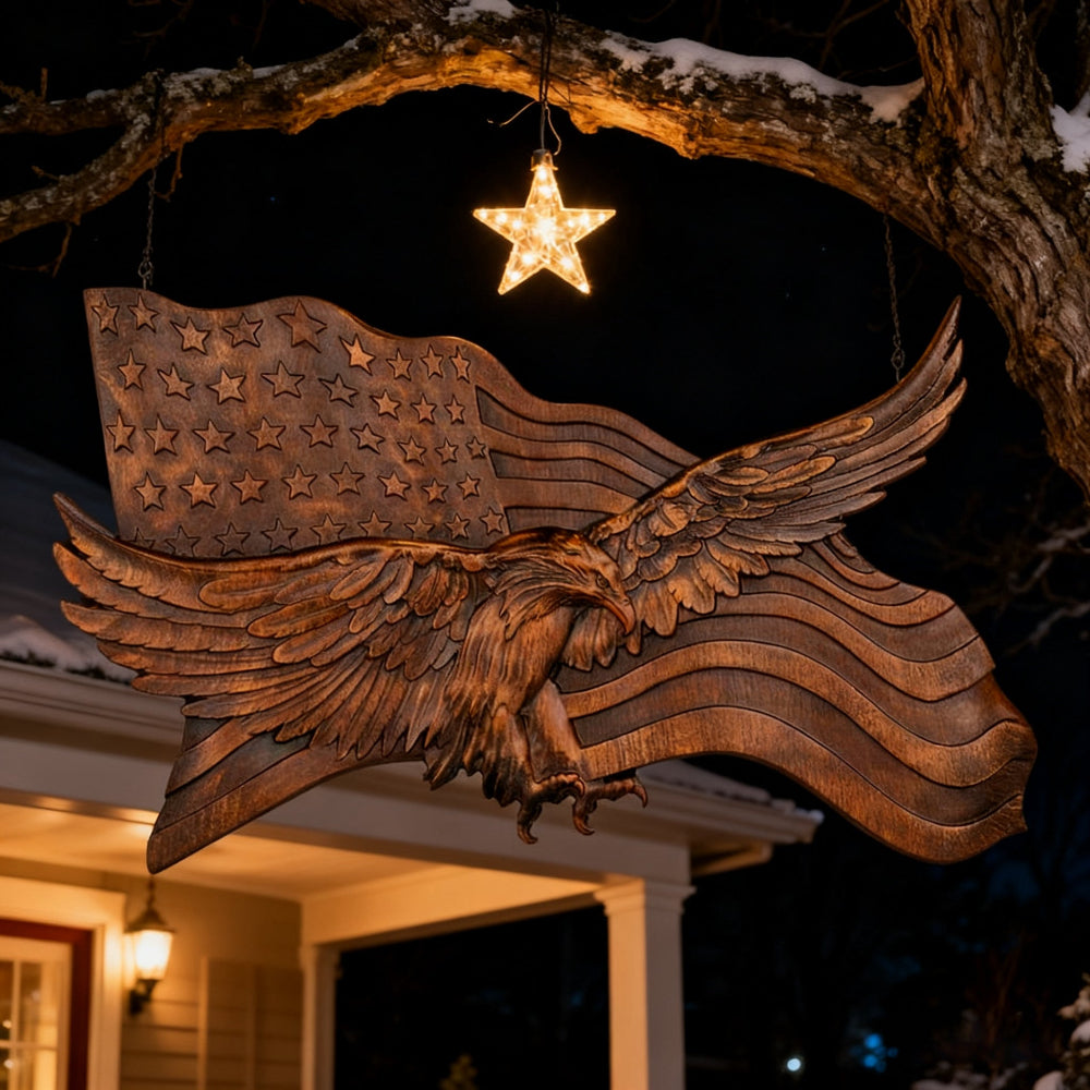 Rustic American Flag Wall Art Carved Eagle Wood Sculpture