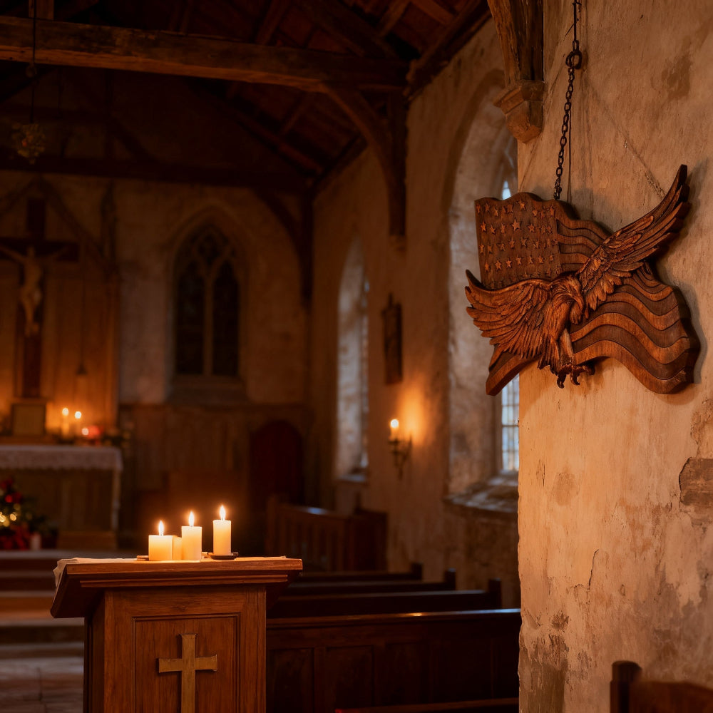 Rustic American Flag Wall Art Carved Eagle Wood Sculpture