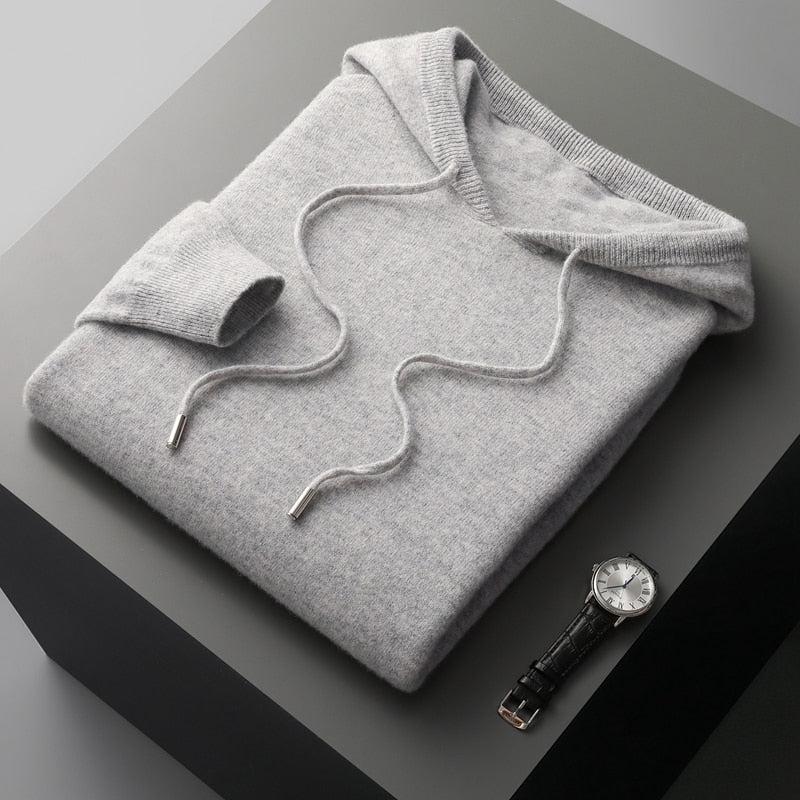 Wool Hoodie Merino Knit Pullover for Men